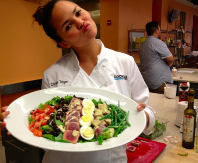 Chrissy Teigen eating healthy salad