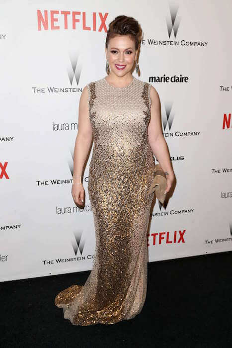 Alyssa Milano vuoden 2015 The Weinstein Companyssa ja Netflixin Golden Globe-juhlissa