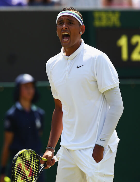 Nick Kyrgios during a match against Milos Raonic of Canada at Wimbledon Lawn Tennis Championships at Croquet Club on July 3, 2015 in London, England