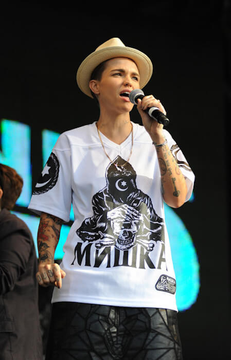 Ruby Rose introduces Ms. Dynamite on the main stage during Brighton Pride 2015 on August 1, 2015 in Brighton, England