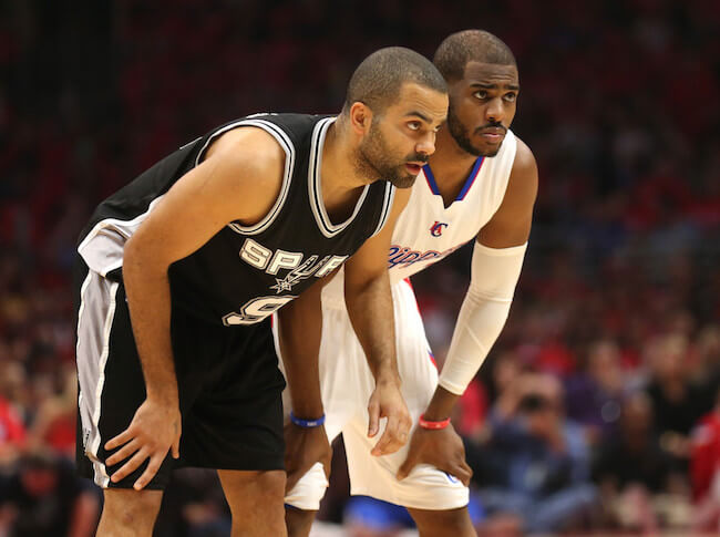 Tony Parker and Chris Paul during the 2015 NBA quarterfinals in Staples Center in Los Angeles on May 2