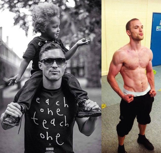 Life is all about family and fitness for this man: with son Marley on the left and showing his ripped body on the right