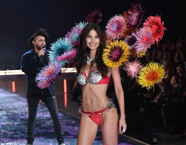 Lily Aldridge on stage during the 2015 Victoria's Secret Fashion Show