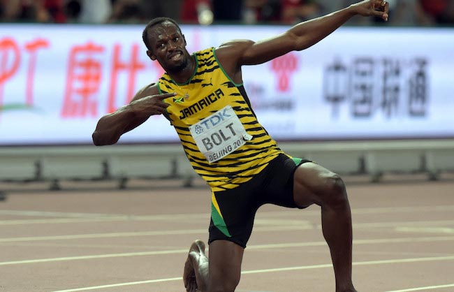 Usain Bolt celebrating his victory after a match win