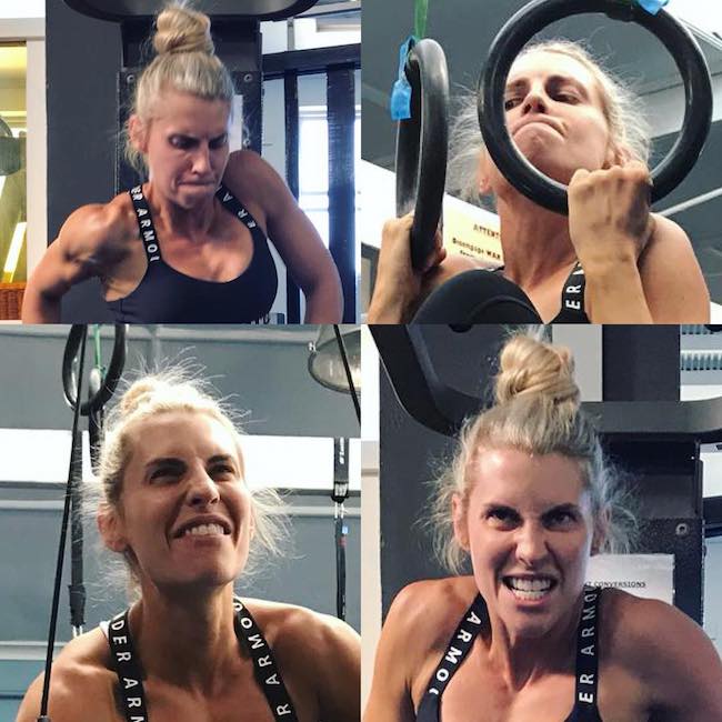 Tiffiny Hall making different faces while exercising as seen in 2018