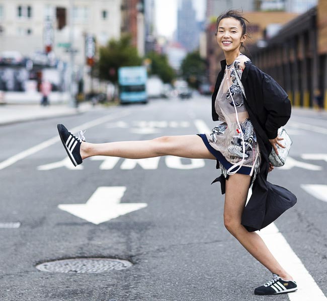 Xiao Wen Ju street style during Mercedes Benz New York Fashion Week Spring Summer 2015