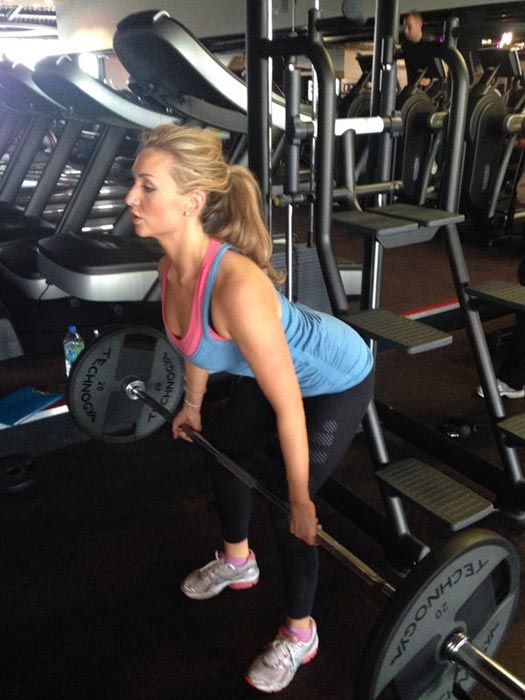 Catherine Tyldesley doing deadlift in the gym