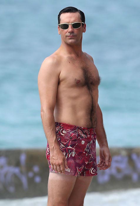 Jon Hamm shirtless during the filming of "Mad Men"