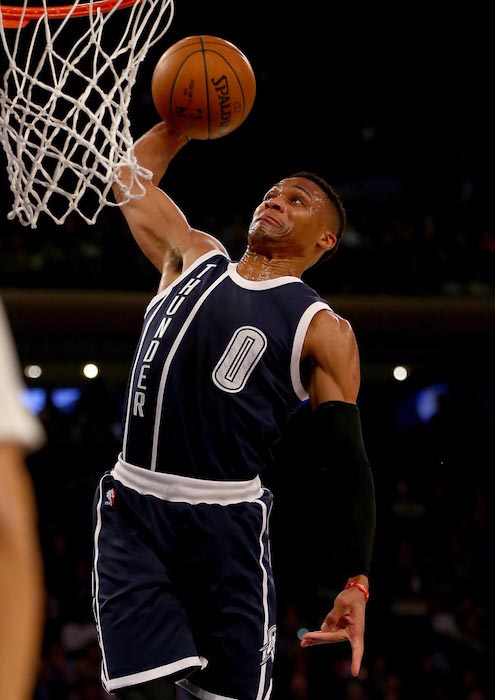 Pure explosion to the rim. Russ dunking the ball against the New York Knicks in Madison Square Garden on January 26, 2016