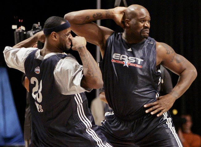 Shaquille O'Neal and LeBron James dancing together during NBA All Star basketball practice in February 2007