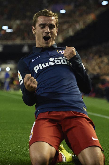 Antoine Griezmann showing excitement after he scored in a La Liga match against Valencia CF on March 6, 2016 in Valencia, Spain