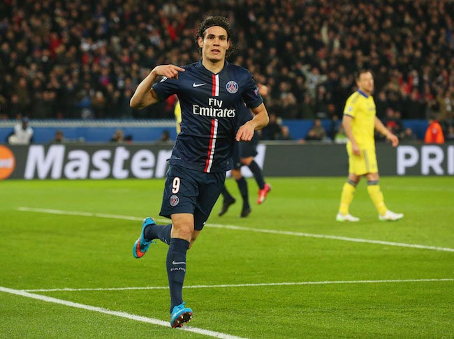 Edinson Cavani celebrating the equalizing goal for his team during a match against Chelsea on February 17, 2015 in Paris, France