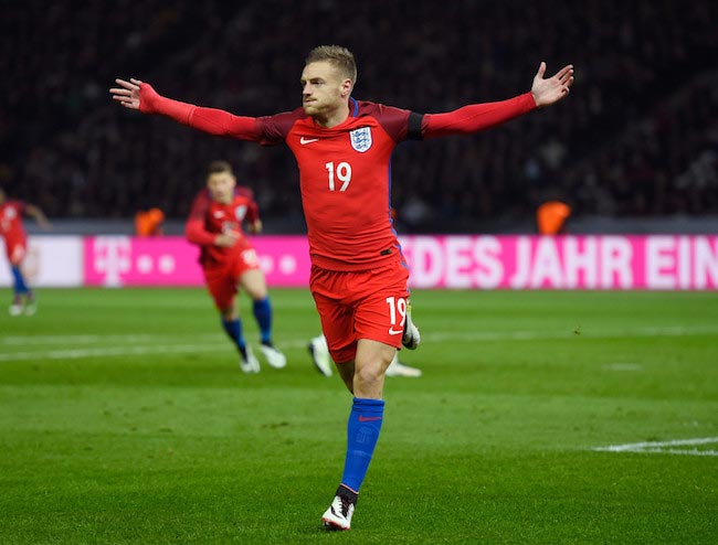 Jamie Vardy celebrating his first goal for England on March 26, 2016 against Germany