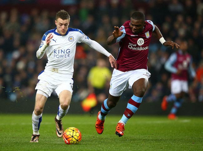 Jamie Vardy in a duel with West-Ham’s Jores Okore on January 16, 2016 at Villa Park in Birmingham, England