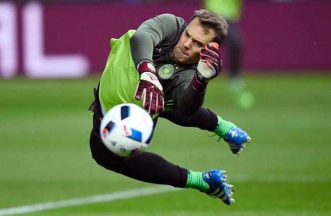 Manuel Neuer working on his goalkeeping parades right before the start of a friendly match between Germany and England on March 26, 2016 in Berlin, Germany