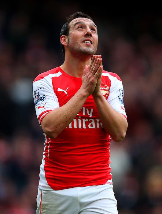Santi Cazorla’s reaction after he missed a wide open shot during the match between Arsenal and Liverpool on April 4, 2015