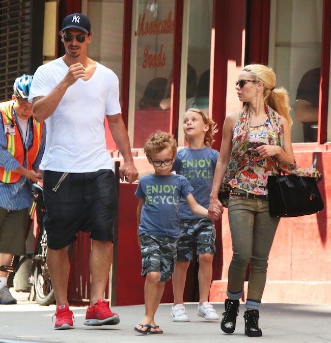Zlatan Ibrahimovic and Helena Seger with their sons having a walk across New York City on June 25, 2014