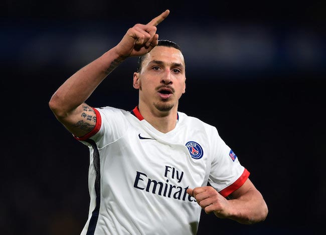 Zlatan Ibrahimovic celebrating his goal against Chelsea in the second leg match between Paris SG and Chelsea on March 9, 2016 in London, United Kingdom