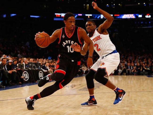 DeMar DeRozan attacks Langston Galloway in a match at Madison Square Garden on February 22, 2016