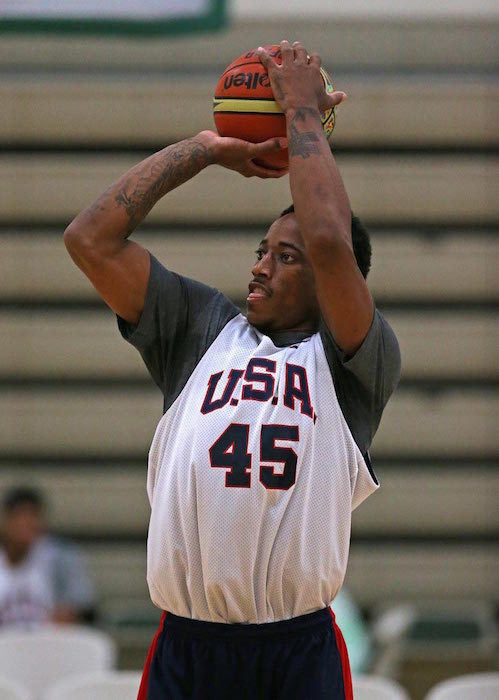 DeMar DeRozan shoots the ball while at practice with Team USA on August 15, 2014 in Chicago, Illinois