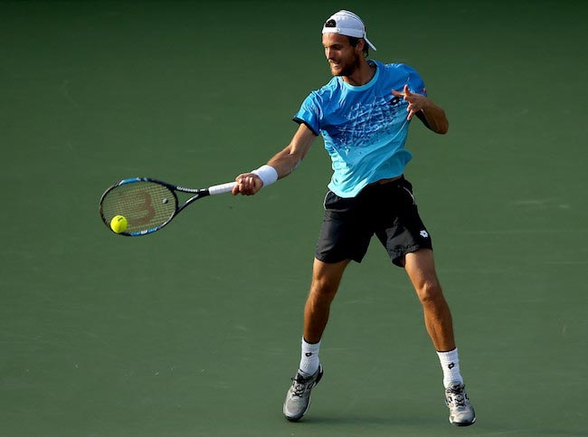 Joao Sousa during a match against Novak Djokovic at Miami Open on March 27, 2016 in Key Biscayne, Florida