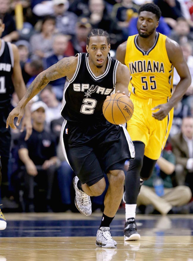 Kawhi Leonard in action during a game between San Antonio Spurs and Indiana Pacers on February 9, 2015