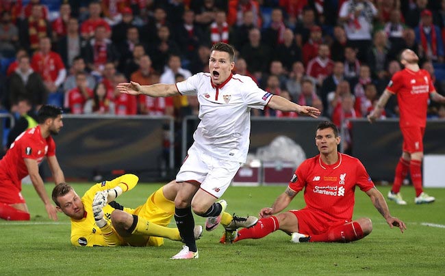 Kevin Gameiro’s reaction after he scored Sevilla’s first goal in the UEFA Europa League Final match against Liverpool on May 18, 2016