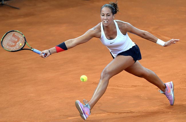 Madison Keys in action in a match against Daria Gavrilova in the Fed Cup on April 16, 2016 in Brisbane, Australia