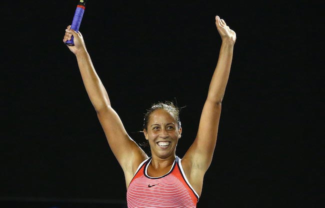 Madison Keys celebrates after winning her third round match against Ana Ivanovic at the 2016 Australian Open on January 23, 2016