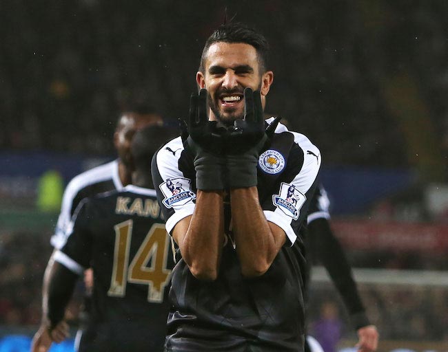 Riyad Mahrez celebrates his hat-trick in a Premier League match against Swansea on December 5, 2015