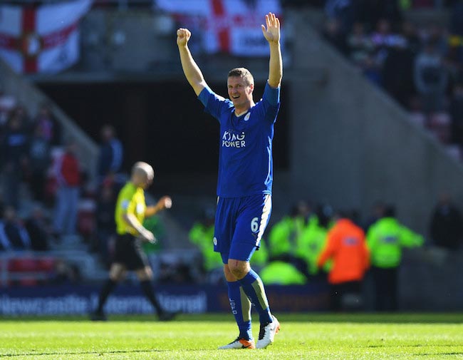 Robert Huth showing excitement after a victory against Sunderland on April 10, 2016