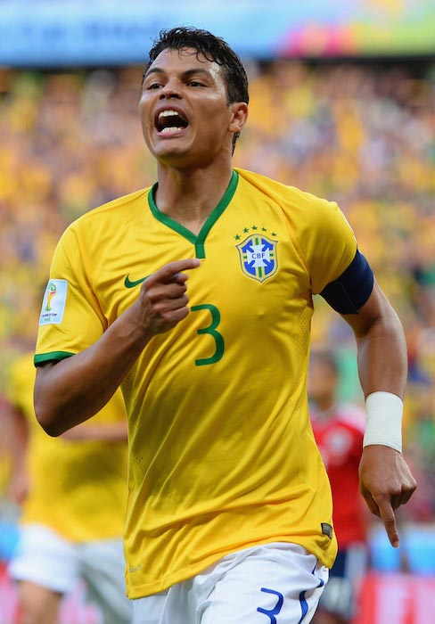 Thiago Silva celebrating after he scores a goal for his squad in the 2014 FIFA World Cup Quarter Final match against Colombia on July 4, 2014