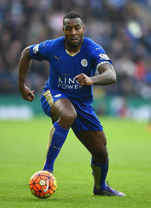 Wes Morgan with the ball during a Premier League match between Leicester City and Norwich City on February 27, 2016