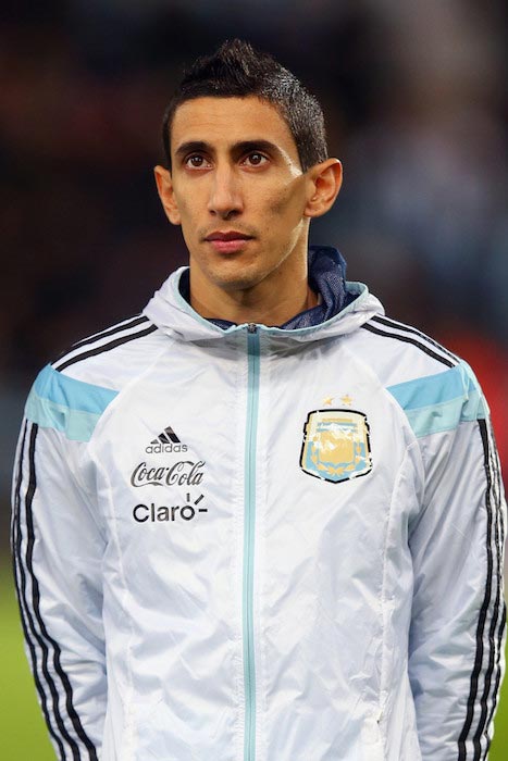 Angel Di Maria listens to his national team anthem before a friendly match between Argentina and Croatia on November 12, 2014