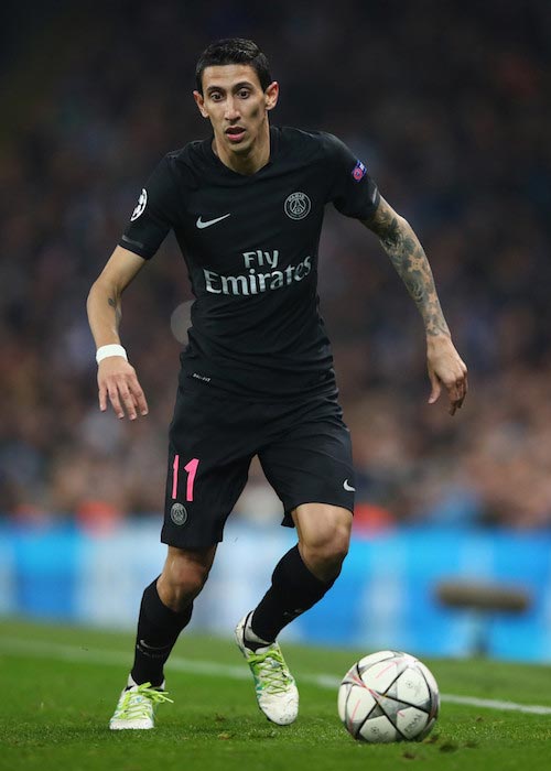 Angel Di Maria with the ball in a match between Paris Saint-Germain and Manchester City on April 12, 2016