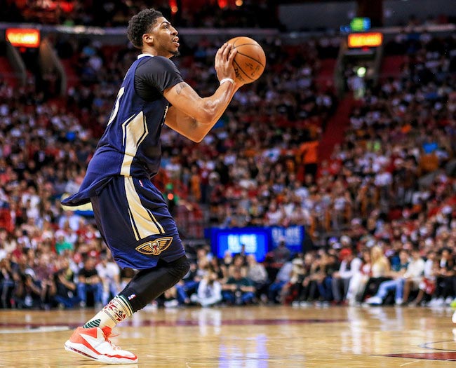 Anthony Davis in action during a game between the New Orleans Hornets and Miami Heat on December 25, 2015