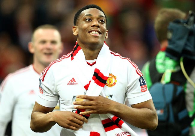 Anthony Martial celebrates after his team’s victory against Crystal Palace on May 21, 2016 in London, England