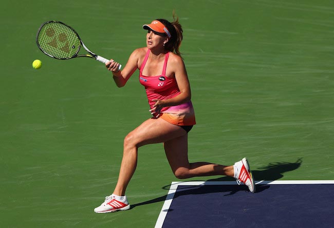 Belinda Bencic hitting the ball with a forehand in a match against Lauren Davis on March 12, 2016 in Indian Wells, California