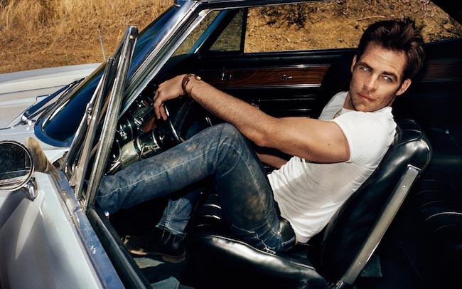 Chris Pine in white t-shirt and blue denims