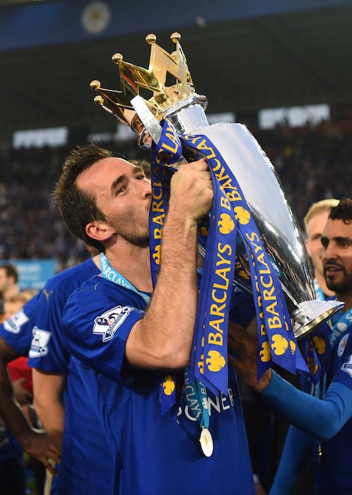 Christian Fuchs celebrating Leicester’s title on May 7, 2016 in Leicester, UK