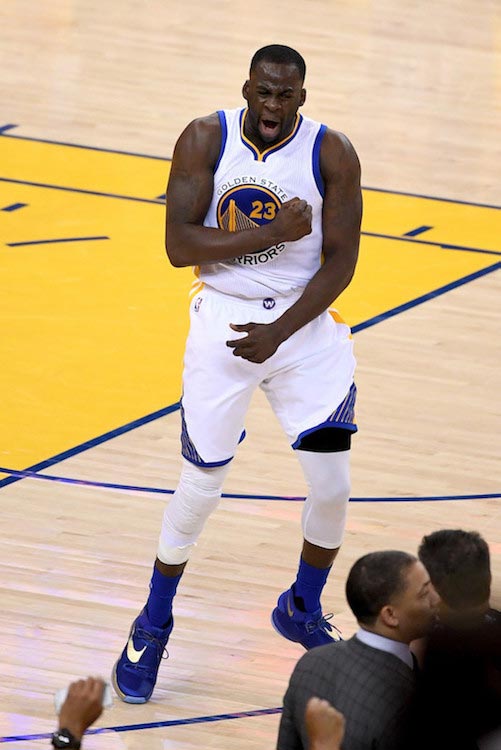 Draymond Green showing excitement during a Game 2 of the 2016 NBA Finals between Golden State Warriors and Cleveland Cavaliers on June 5, 2016