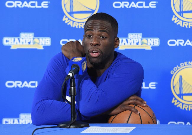 Draymond Green speaks during a press conference on April 13, 2016 in Oakland, California