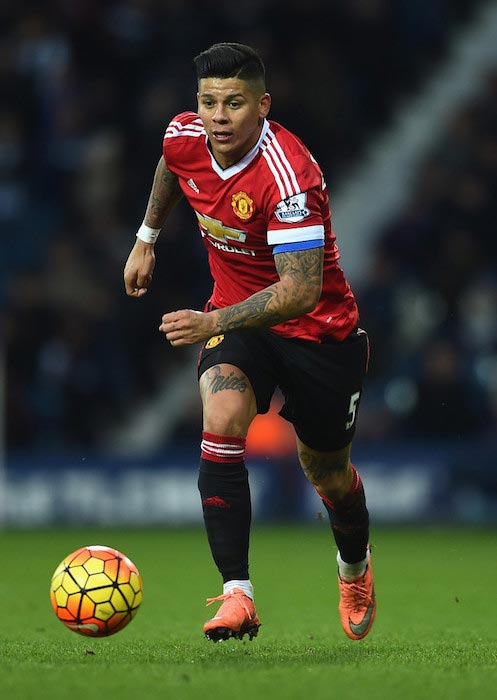 Marcos Rojo with the ball during a match between Manchester United and West Bromwich Albion on March 6, 2016