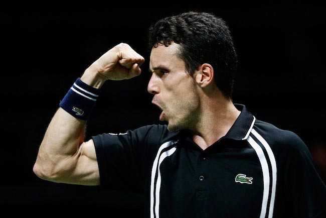Roberto Bautista Agut celebrates a win against Joao Sousa at ABN AMRO World Tennis Tournament on February 10, 2016 in Rotterdam, Netherlands