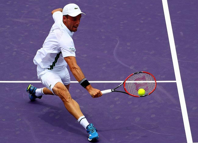 Roberto Bautista Agut in a match against Jo-Wilfried Tsonga at Miami Open on March 28, 2016 in Biscayne, Florida