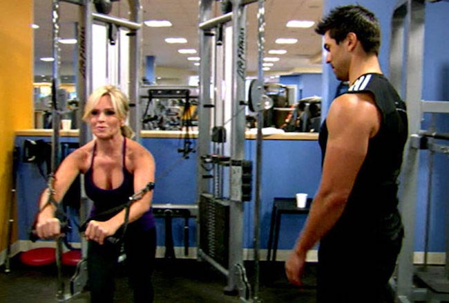 Tamra Barney doing cable crossover for chest