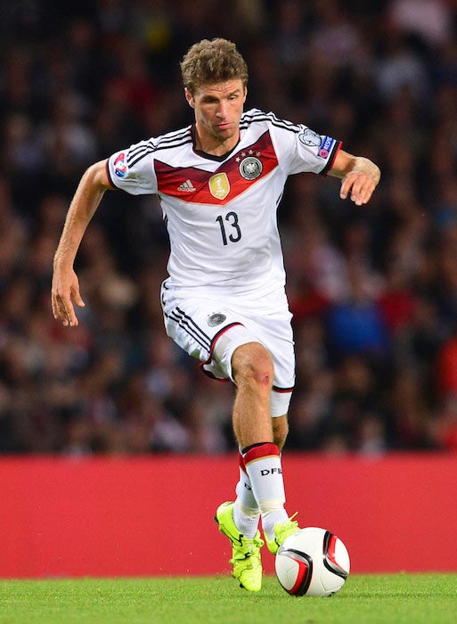 Thomas Muller with the ball during a match between Germany and Scotland on September 7, 2015