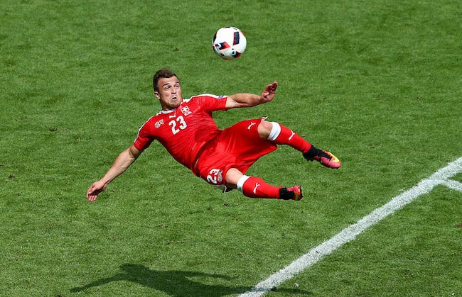 Xherdan Shaqiri scores the legendary goal for his country Switzerland against Poland during the UEFA EURO 2016 on June 25, 2016