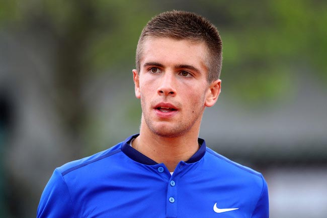 Borna Coric during a match with Taylor Fritz at 2016 French Open on May 24, 2016 in Paris, France