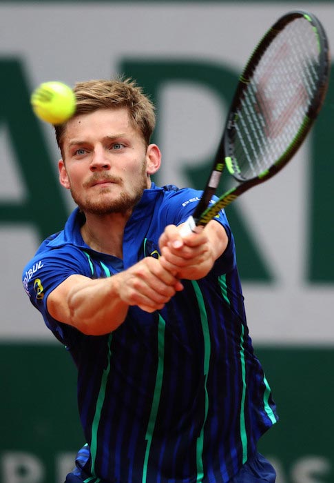 David Goffin hitting a backhand volley against Dominic Thiem at the 2016 French Open on June 2, 2016